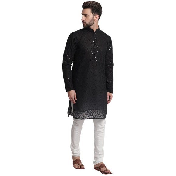 Black Floral Embroidered Chikankari Kurta Pyjama Set For Men - Picture 2 of 7